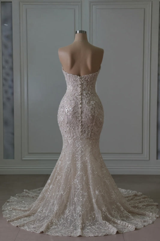 Sweetheart Sleeveless Beaded Lace Mermaid Wedding Dress