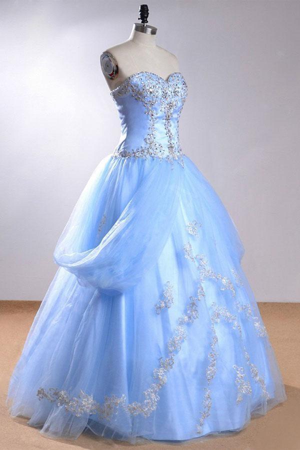 Vestido de novia azul claro sin mangas con escote corazón y cuentas