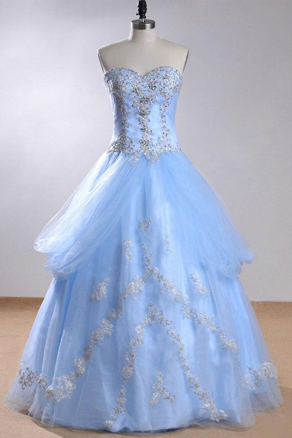 Vestido de novia azul claro sin mangas con escote corazón y cuentas