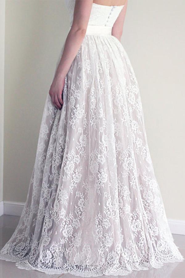 Vestido de novia largo blanco sin mangas con escote corazón y encaje