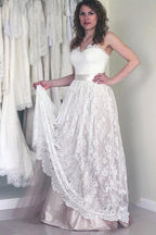 Vestido de novia largo blanco sin mangas con escote corazón y encaje