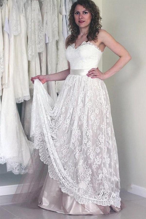 Vestido de novia largo blanco sin mangas con escote corazón y encaje