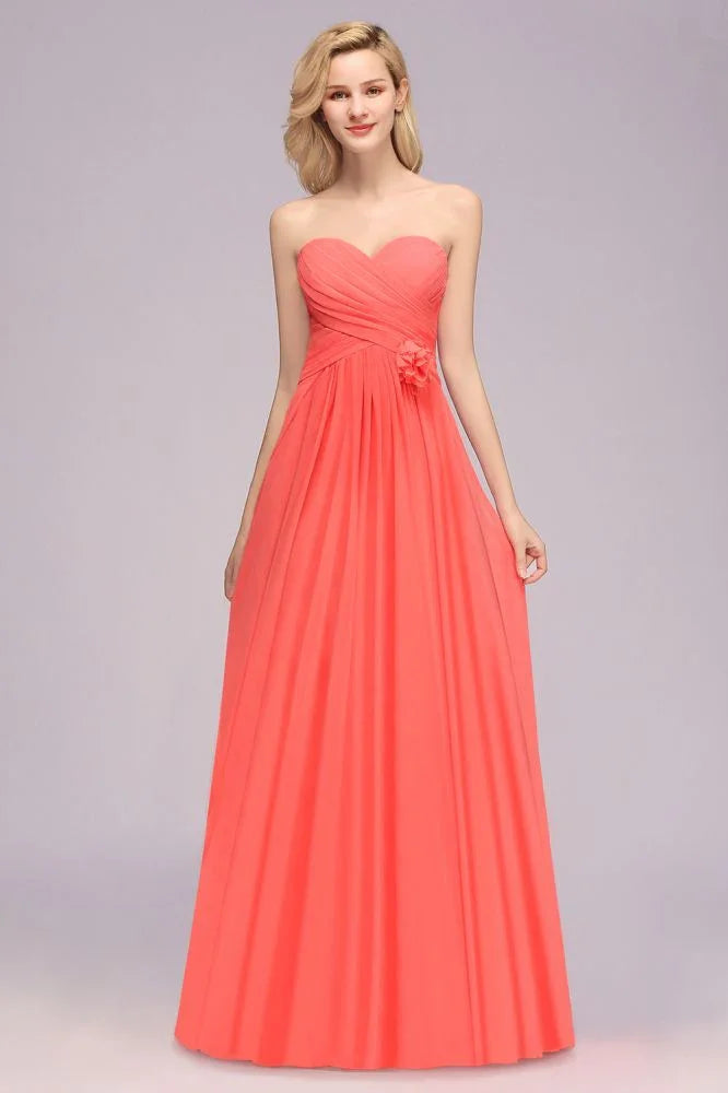 Herzförmiges ärmelloses Abendkleid mit Rüschen und schwingendem Rock aus Chiffon, A-Linien Brautjungfernkleid