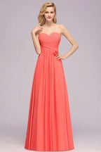 Herzförmiges ärmelloses Abendkleid mit Rüschen und schwingendem Rock aus Chiffon, A-Linien Brautjungfernkleid