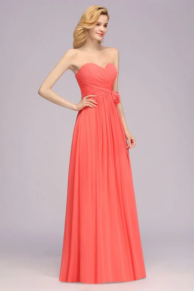 Herzförmiges ärmelloses Abendkleid mit Rüschen und schwingendem Rock aus Chiffon, A-Linien Brautjungfernkleid