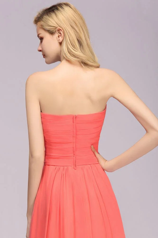 Herzförmiges ärmelloses Abendkleid mit Rüschen und schwingendem Rock aus Chiffon, A-Linien Brautjungfernkleid