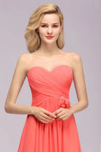 Herzförmiges ärmelloses Abendkleid mit Rüschen und schwingendem Rock aus Chiffon, A-Linien Brautjungfernkleid