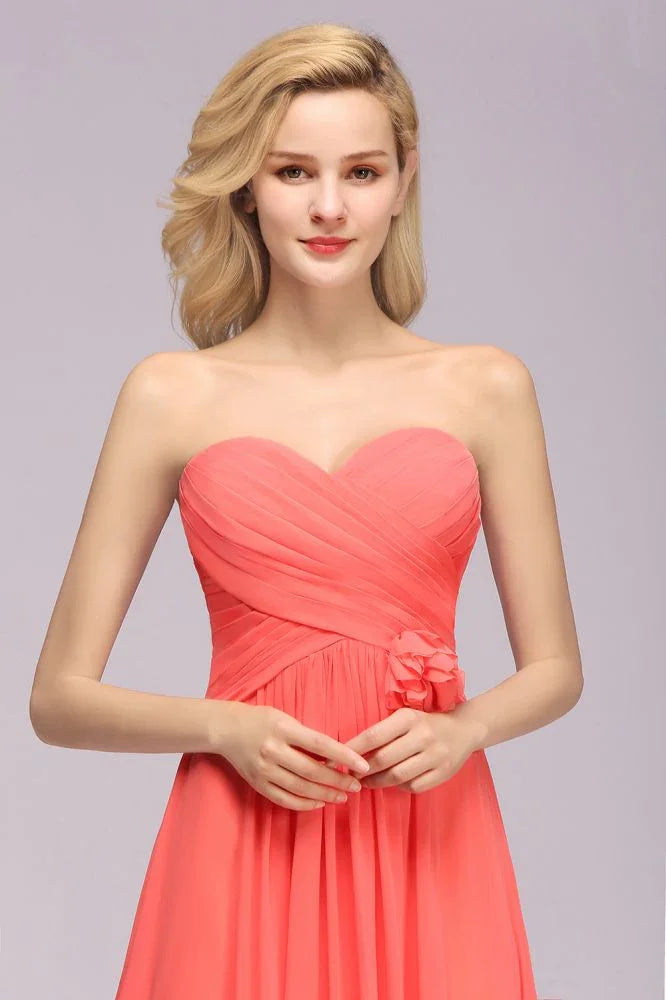 Herzförmiges ärmelloses Abendkleid mit Rüschen und schwingendem Rock aus Chiffon, A-Linien Brautjungfernkleid