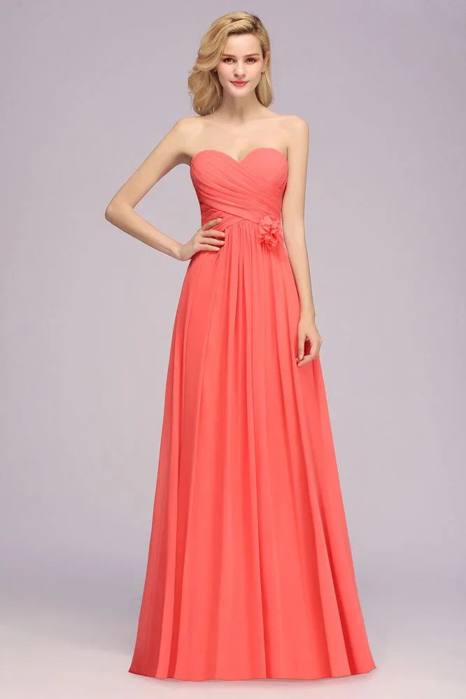 Herzförmiges ärmelloses Abendkleid mit Rüschen und schwingendem Rock aus Chiffon, A-Linien Brautjungfernkleid