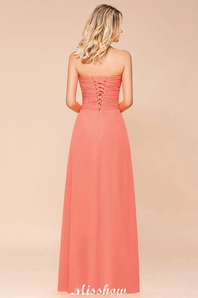 Vestido de Dama de Honra Sem Alças com Folhos Coração Vestido Longo de Dama de Honra em Chiffon