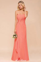 Vestido de Dama de Honra Sem Alças com Folhos Coração Vestido Longo de Dama de Honra em Chiffon