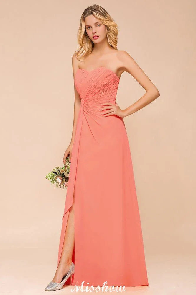 Vestido de Dama de Honra Sem Alças com Folhos Coração Vestido Longo de Dama de Honra em Chiffon