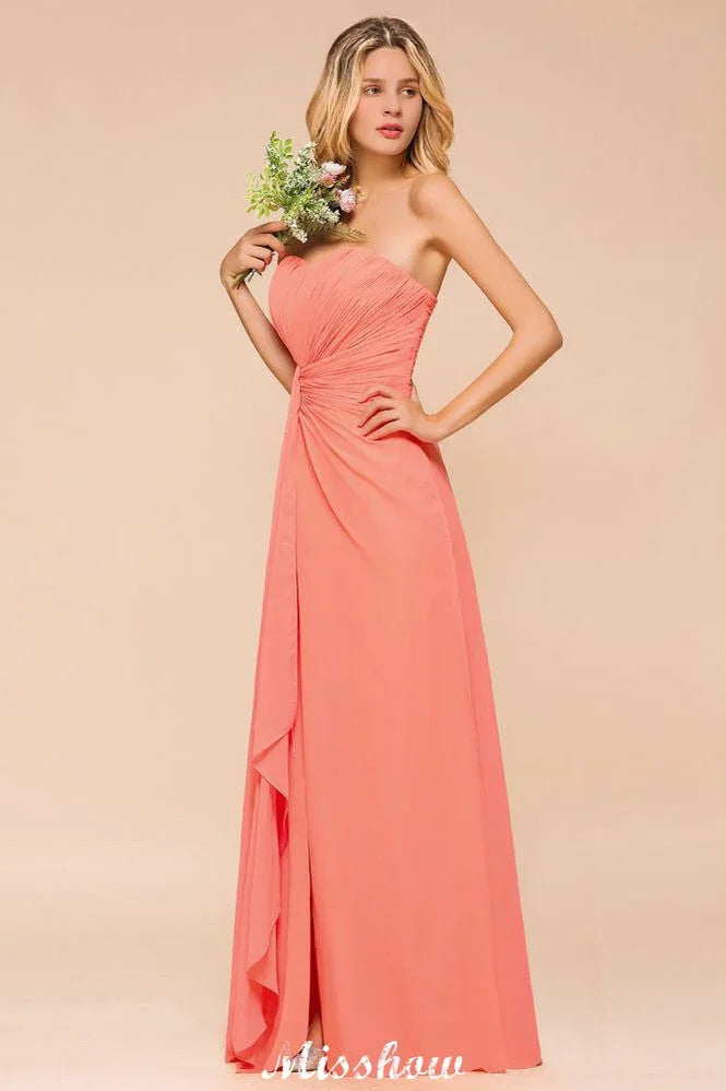 Vestido de Dama de Honra Sem Alças com Folhos Coração Vestido Longo de Dama de Honra em Chiffon