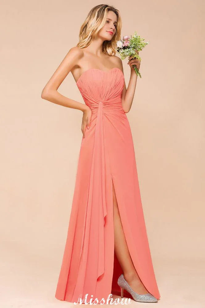 Vestido de Dama de Honra Sem Alças com Folhos Coração Vestido Longo de Dama de Honra em Chiffon