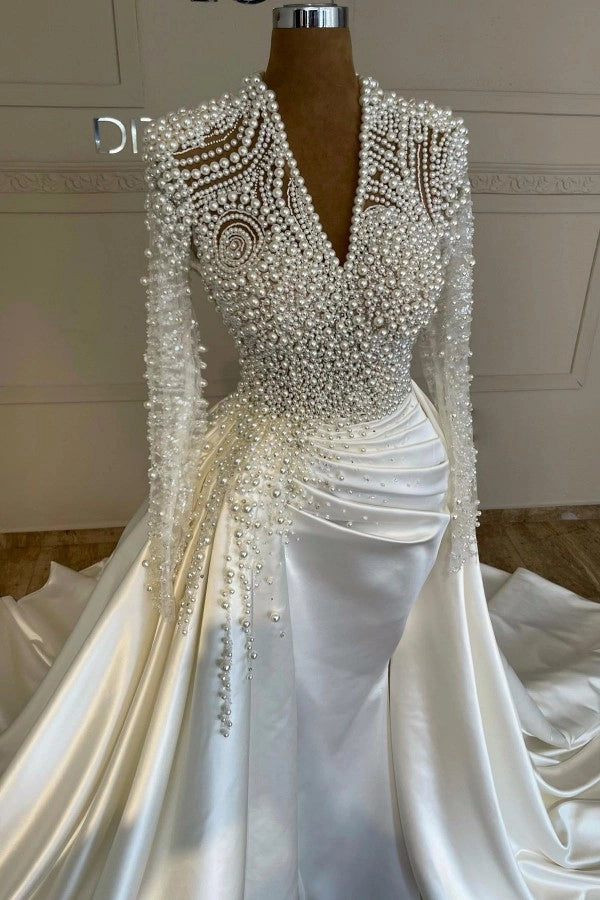 Ivory V Neck Long Sleeves Mermaid Wedding Dress With Beads And Detachable Train