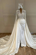 Ivory V Neck Long Sleeves Mermaid Wedding Dress With Beads And Detachable Train
