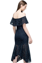Vestidos de Baile de Renda Pretos com Comprimento Chá, Estilo Sereia e Ombros Descobertos
