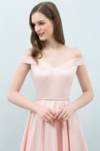 Abiti da sera rosa lunghezza tè a linea ad A con scollo a spalle scoperte e fascia