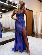 Mermaid Trumpet Prom Dresses Sparkle Shine Dress Formal Wedding Party Sweep Brush Train Sleeveless V Neck Sequined Backless with Glitter Sequin