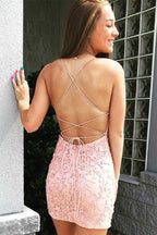 Rosa kurzes Ballkleid mit Applikationen und Bindeband am Rücken