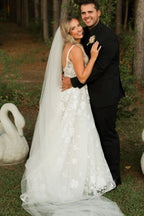 Ivory Square Neck Sleeveless Wedding Dress With Appliqués And Chapel Train