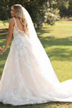 Ivory Square Neck Sleeveless Wedding Dress With Appliqués And Chapel Train
