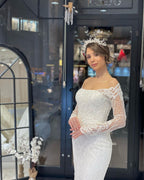 Robe de mariée sirène en dentelle à manches longues et longueur au sol, tendance