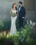 Abito da sposa lungo fino al pavimento, alla moda, con spalline sottili quadrate, senza maniche, a sirena, in pizzo