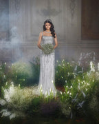 Abito da sposa lungo fino al pavimento, alla moda, con spalline sottili quadrate, senza maniche, a sirena, in pizzo