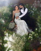 Abito da sposa lungo fino al pavimento, alla moda, con spalline sottili quadrate, senza maniche, a sirena, in pizzo