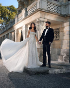 Abito da sposa lungo fino al pavimento, alla moda, con spalline sottili quadrate, senza maniche, a sirena, in pizzo
