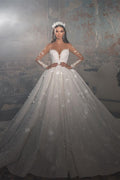 Vestido de Noiva Comprido na Perna, com Decote em V, Mangas Compridas, Corte em A e Renda com Apliques