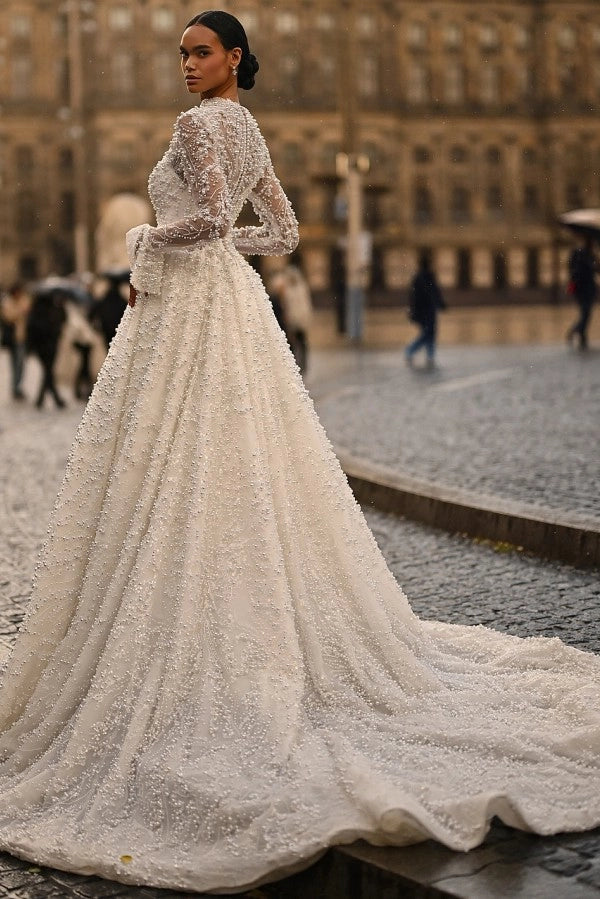 Ivory V Neck A Line Wedding Dress With Bead Embellishments And Long Sleeves