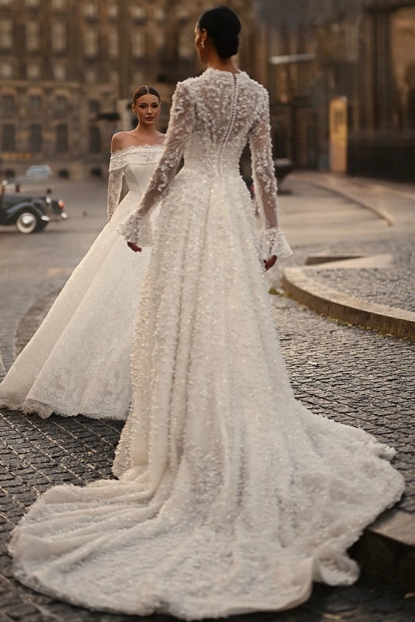 Ivory V Neck A Line Wedding Dress With Bead Embellishments And Long Sleeves