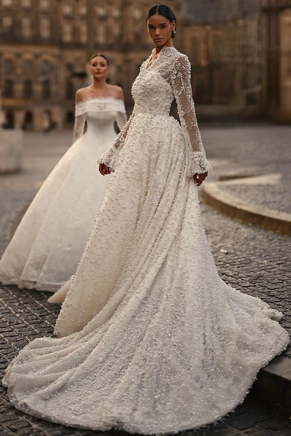 Ivory V Neck A Line Wedding Dress With Bead Embellishments And Long Sleeves