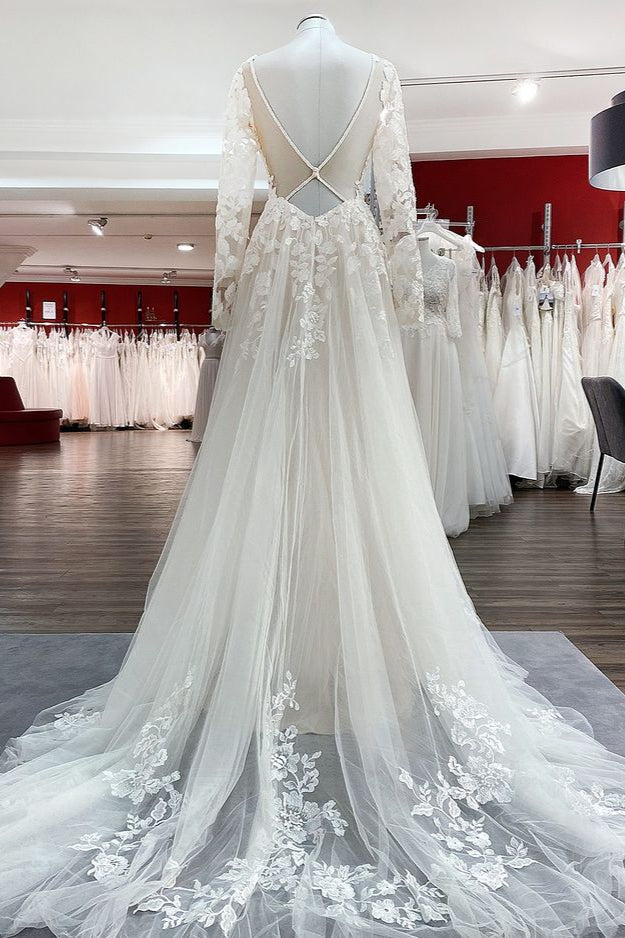 Ivory Tulle Long Sleeve Lace Appliques Wedding Dress With Sweep Train