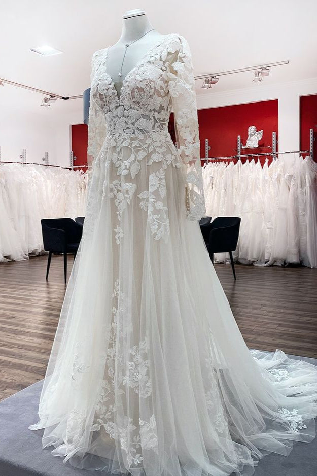 Ivory Tulle Long Sleeve Lace Appliques Wedding Dress With Sweep Train