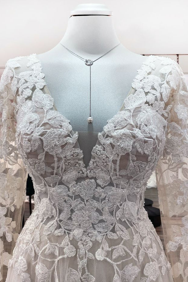 Ivory Tulle Long Sleeve Lace Appliques Wedding Dress With Sweep Train