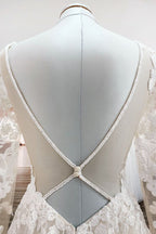 Ivory Tulle Long Sleeve Lace Appliques Wedding Dress With Sweep Train
