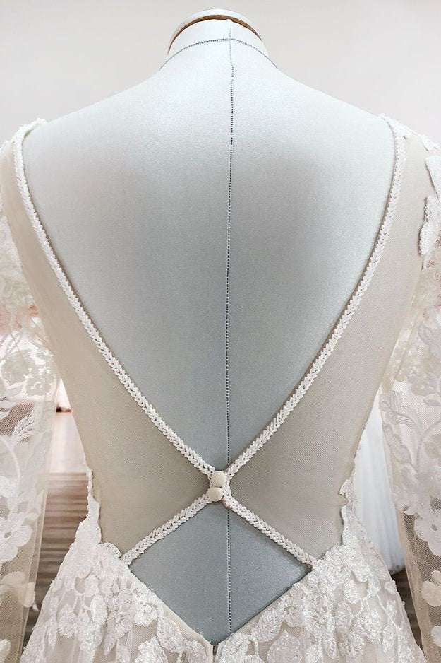 Ivory Tulle Long Sleeve Lace Appliques Wedding Dress With Sweep Train