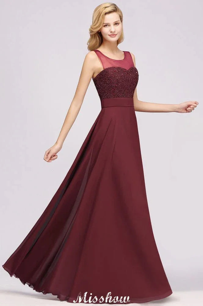 Vestidos de Dama de Honra sem Mangas com Miçangas em Renda de Tule, Comprimento ao Chão, Corte em A, Vestido de Festa em Chiffon e Tule