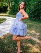 A-Line Deep V Neck Tiered Homecoming Dress