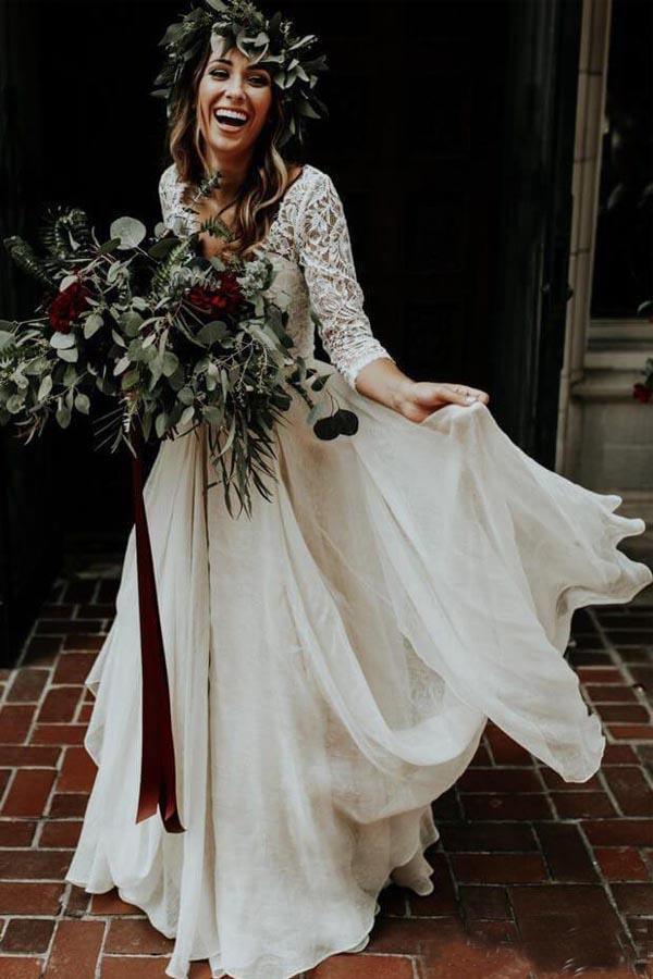 Robe de mariage en deux pièces à manches trois quarts en mousseline
