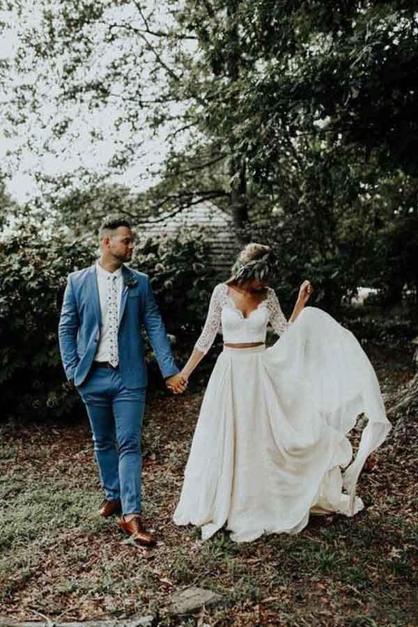 Robe de mariage en deux pièces à manches trois quarts en mousseline