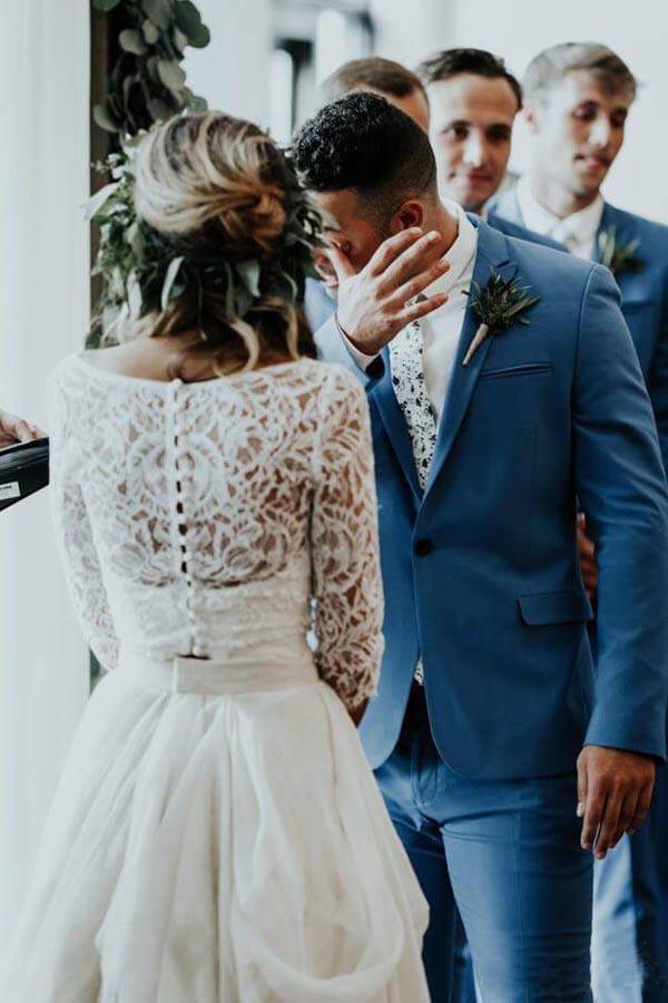 Robe de mariage en deux pièces à manches trois quarts en mousseline