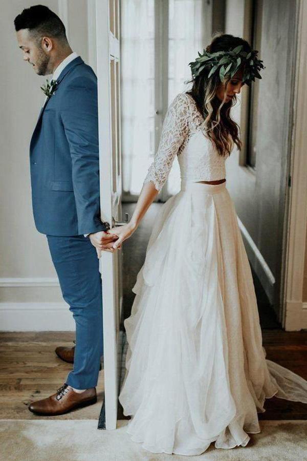 Robe de mariage en deux pièces à manches trois quarts en mousseline