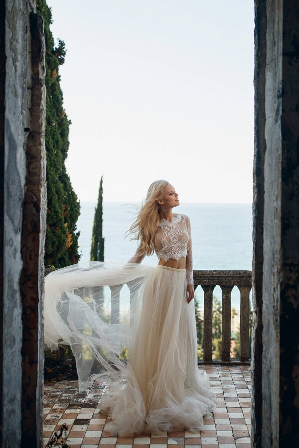 Vestido de novia largo de tul con encaje, corte A, de dos piezas y mangas