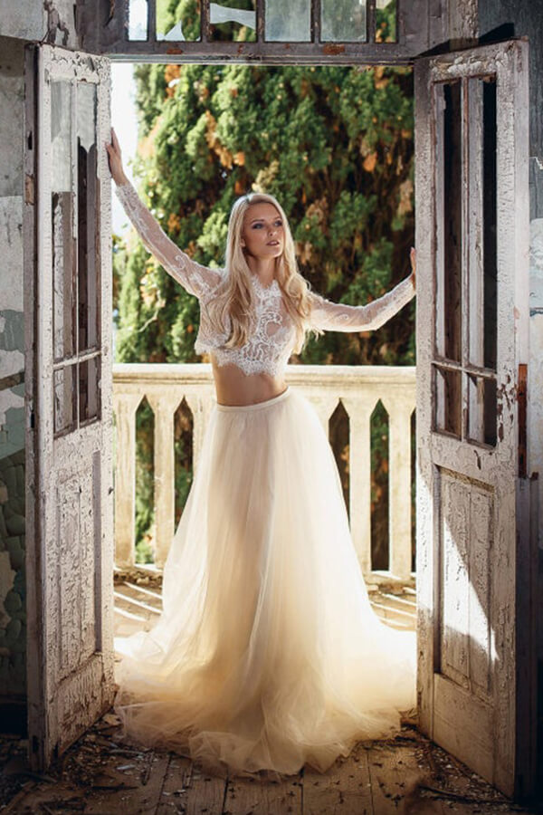 Vestido de novia largo de tul con encaje, corte A, de dos piezas y mangas