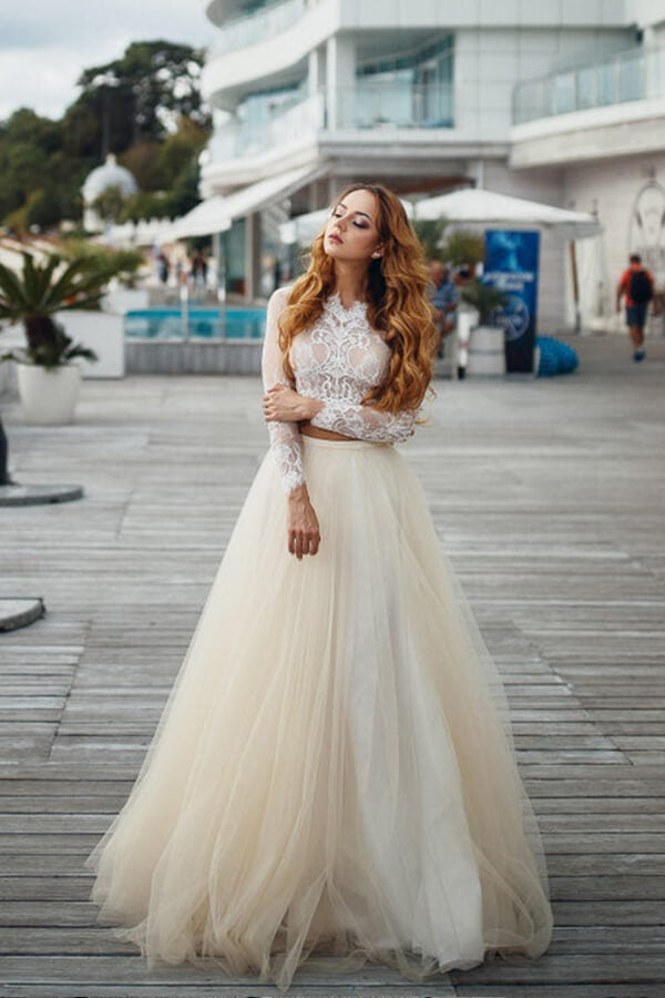 Vestido de novia largo de tul con encaje, corte A, de dos piezas y mangas
