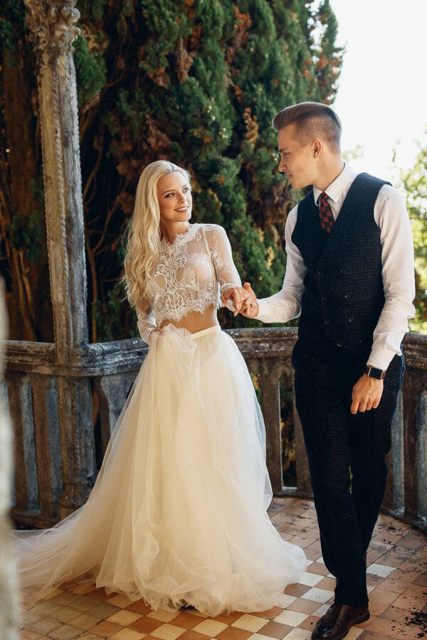 Vestido de novia largo de tul con encaje, corte A, de dos piezas y mangas